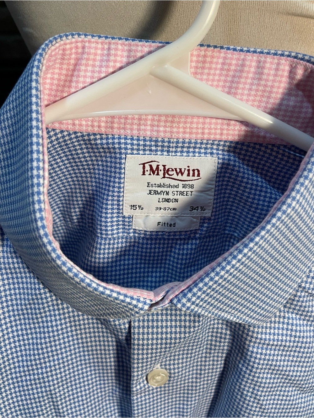 T.M.Lewin Blue Microcheck Dress Shirt with Pink Contrast Trim